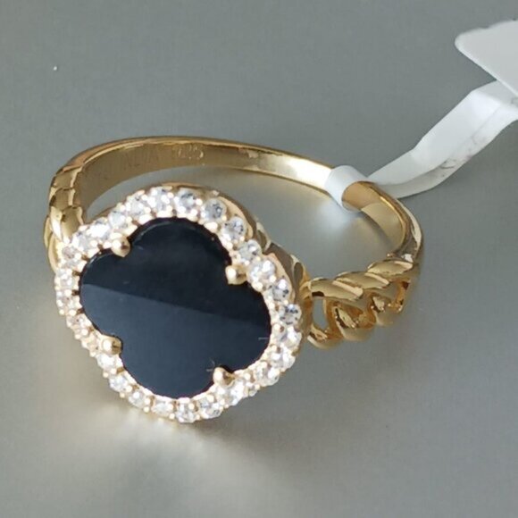 YS India 14k Gold Plated Sterling Siver 925 W CZ & Genuine Onyx Clover Ring Sz.8 - Picture 6 of 16